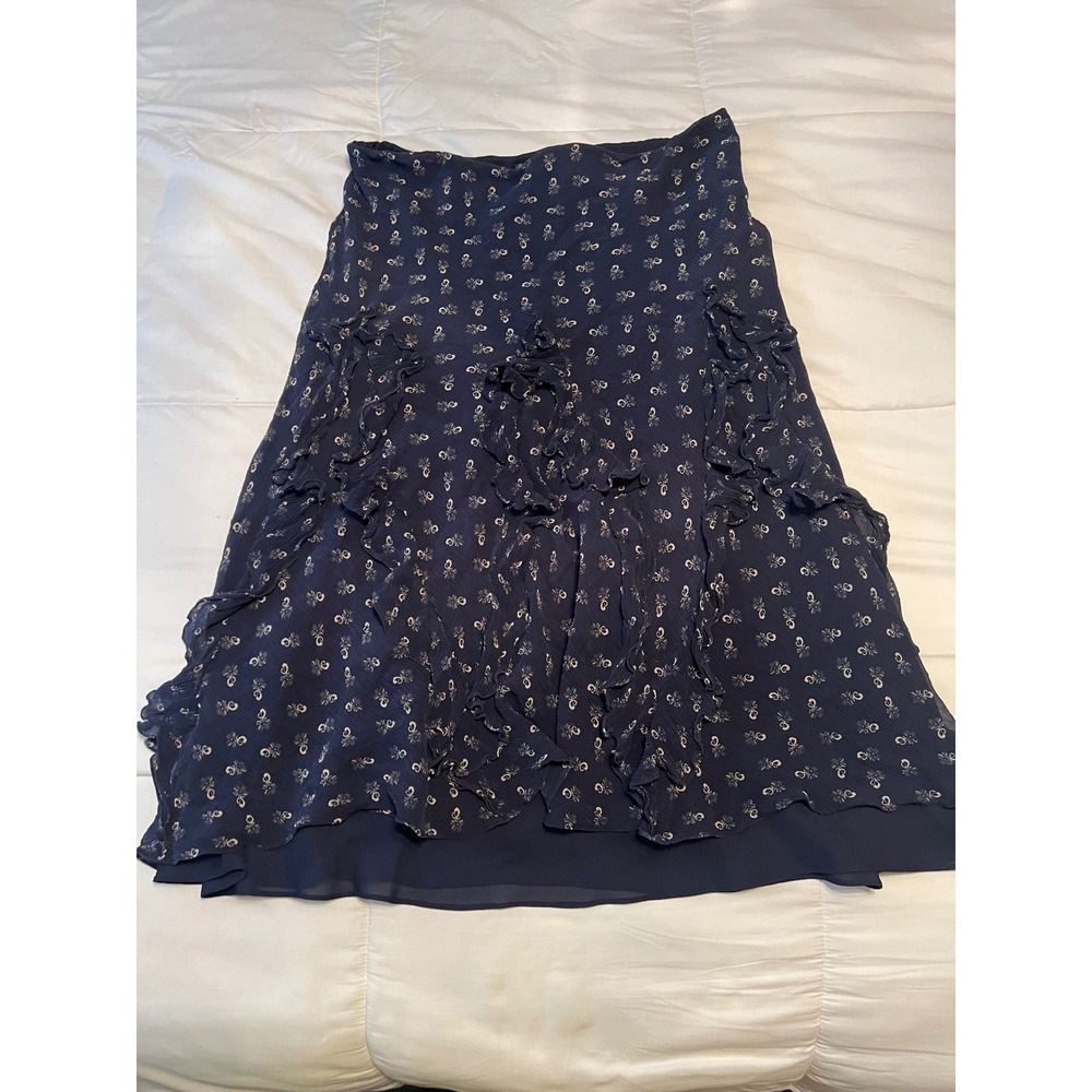 Lauren Ralph Lauren 100% Silk Floral Ruffle Tiered Midi Skirt L Navy